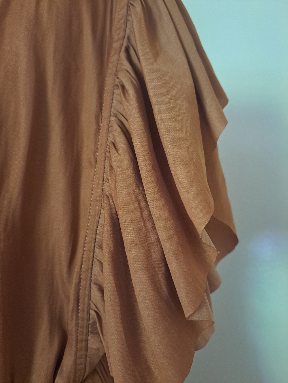 Willa Ruffle V-Neck Maxi Dress in Camel. - Picture 11 of 13